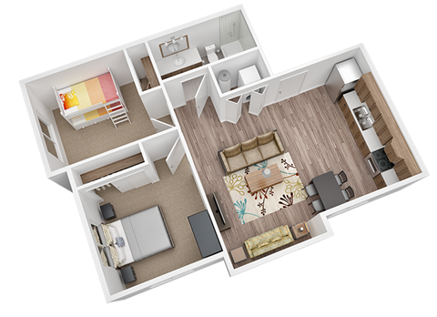 A 3D floor plan of a house with a living room, kitchen, and two bedrooms.